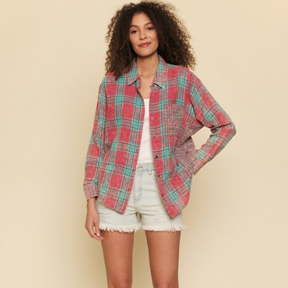 MYSTREE Vintage-Inspired Plaid Button-Up Shirt, Red Teal Checkered Patchwork - Picture 6 of 7